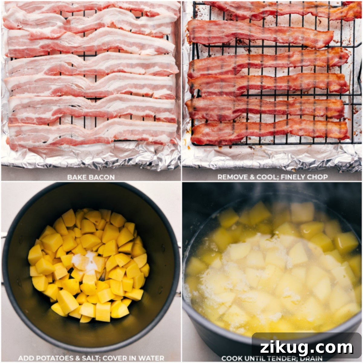 The foundation of flavor: Cooking bacon and potatoes for Twice-Baked Potato Casserole Sizzling bacon strips in a hot skillet and potatoes simmering in a pan, essential steps for Twice-Baked Potato Casserole preparation.
