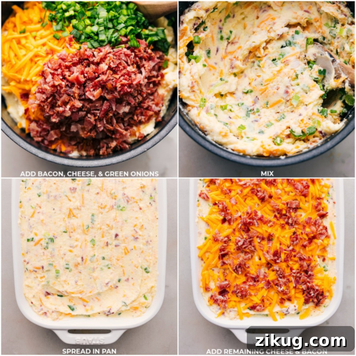 Creamy Double Baked Potato Casserole 4 Mixing potatoes with crispy bacon, shredded cheese, and fresh green onions before spreading into a casserole dish.