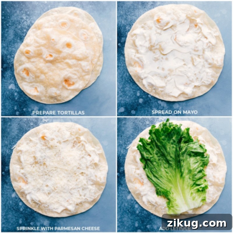 Layering fresh ingredients for the perfect Italian Wraps. Assembling Italian Wraps: Mayo, lettuce, and Parmesan cheese added to tortillas.