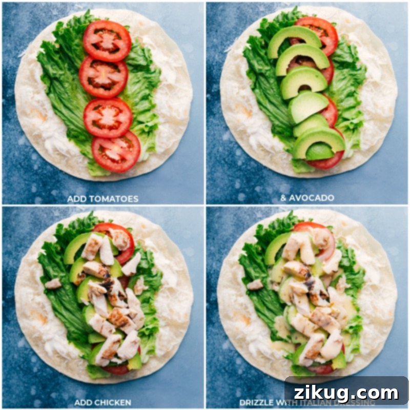 Savory Italian Roll-Ups 3 The delicious layers of tomatoes, avocado, chicken, and dressing in Italian wraps.