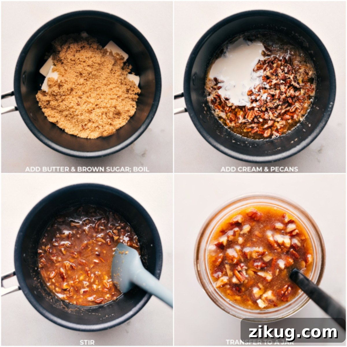 Butter-pecan syrup creation for Dessert Pie Bars A cooking process showing butter and brown sugar boiling together in a saucepan, followed by the addition of cream and pecans, being stirred to create a rich filling for a Dessert Pie Bar.