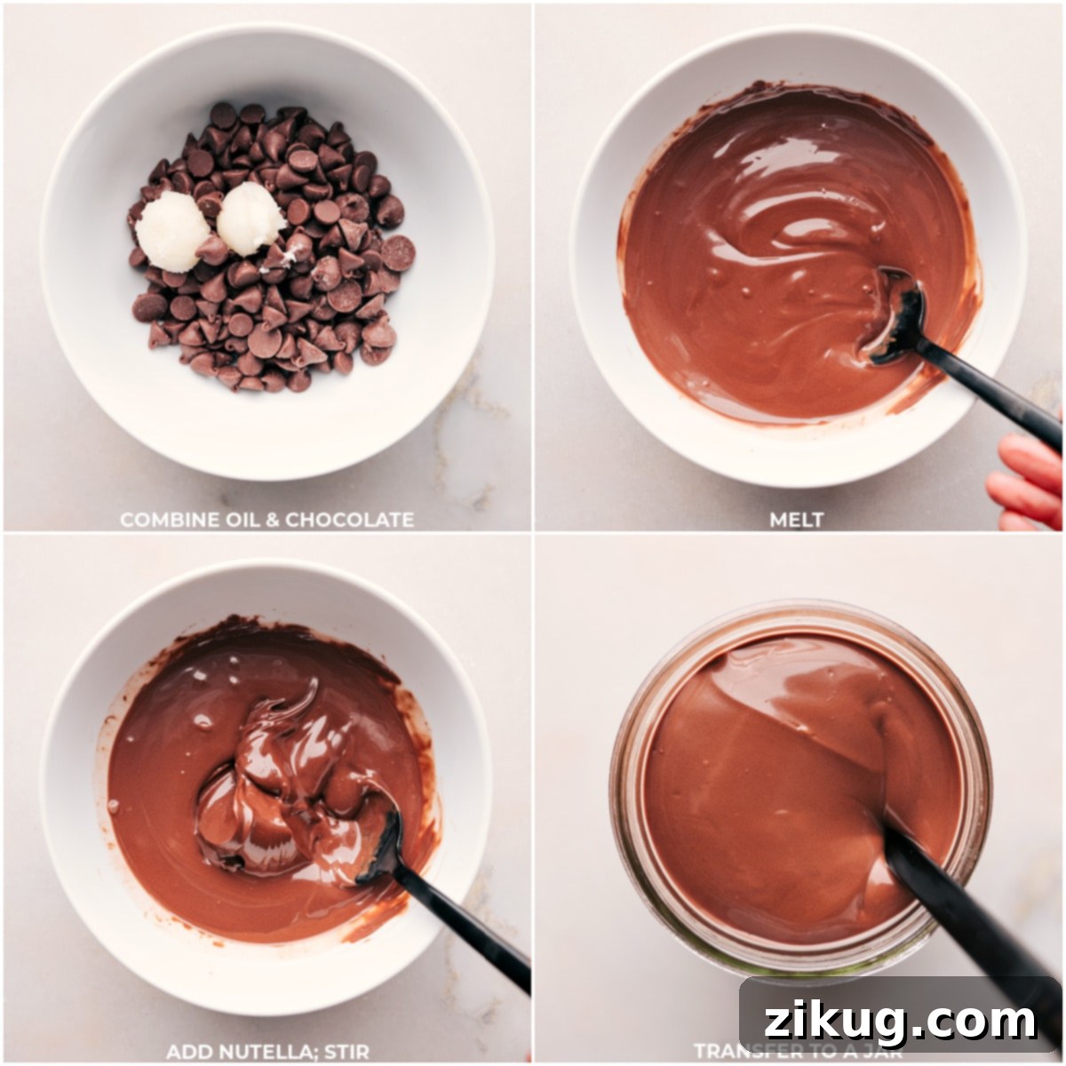 Melted chocolate for a topping in this Dessert Pie Bar Chocolate chips melting, transforming from solid morsels to a smooth, glossy liquid.