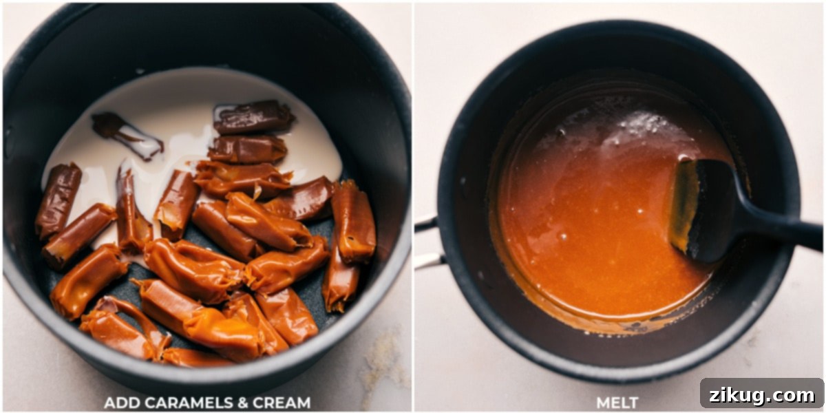Delicious caramel topping Caramel and cream being melted together for a caramel topping in this Dessert Pie Bar.