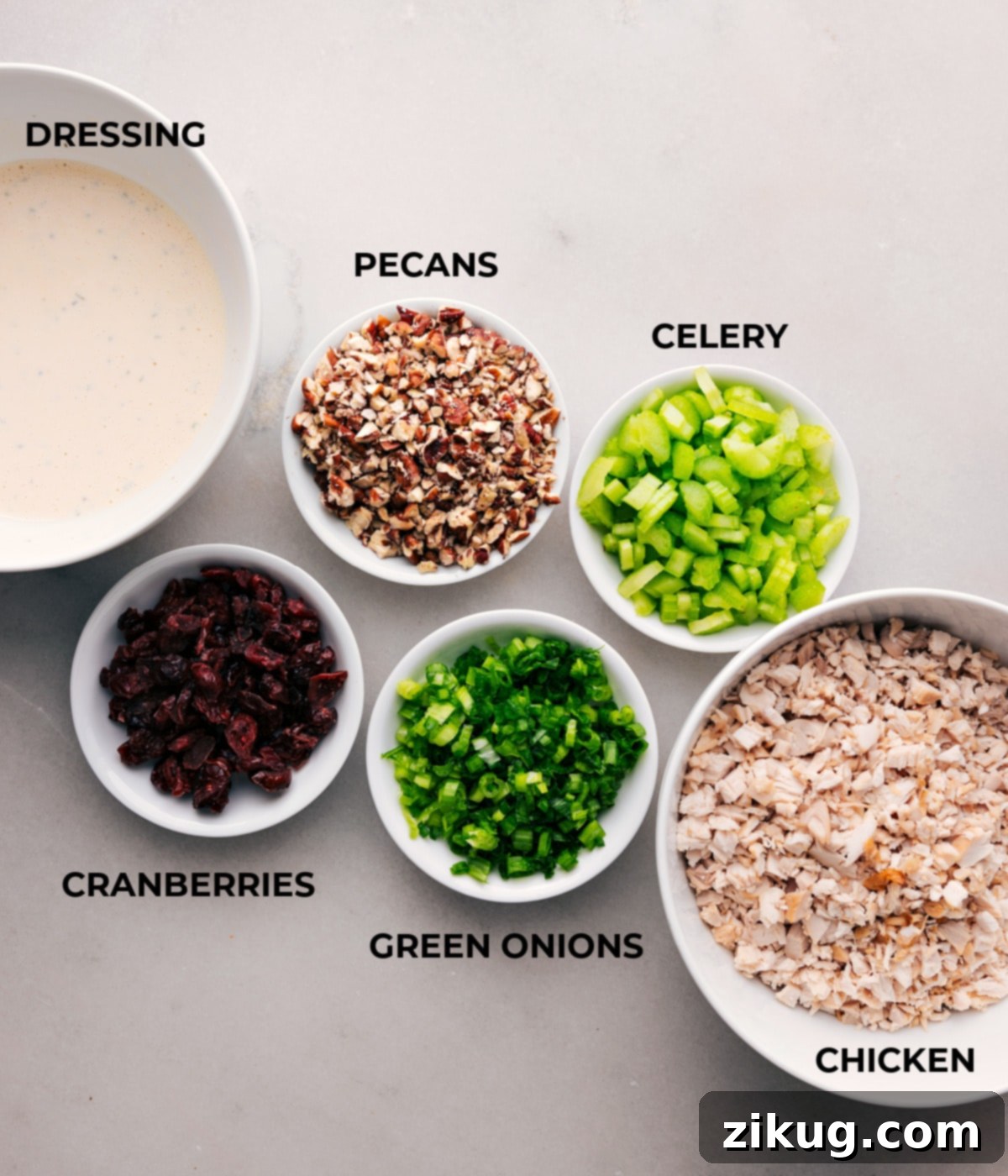 Ingredients for Rosemary chicken Salad featuring cranberries, celery, pecans, chicken, and additional items.