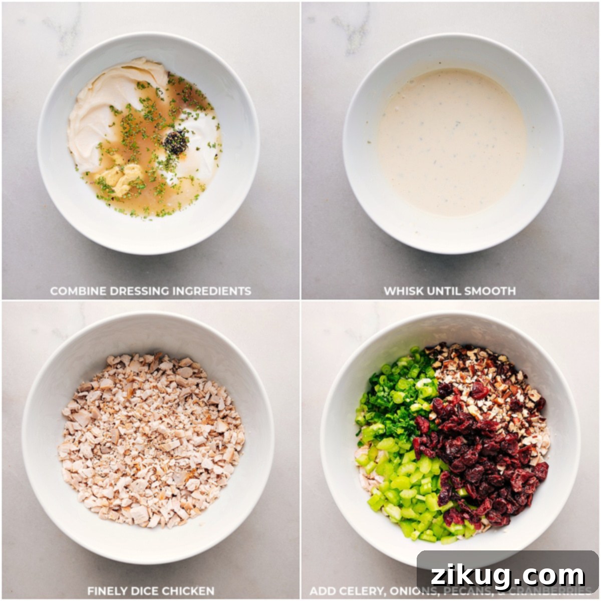 Dressing ingredients being mixed together before being combined with the meat and additional salad components.