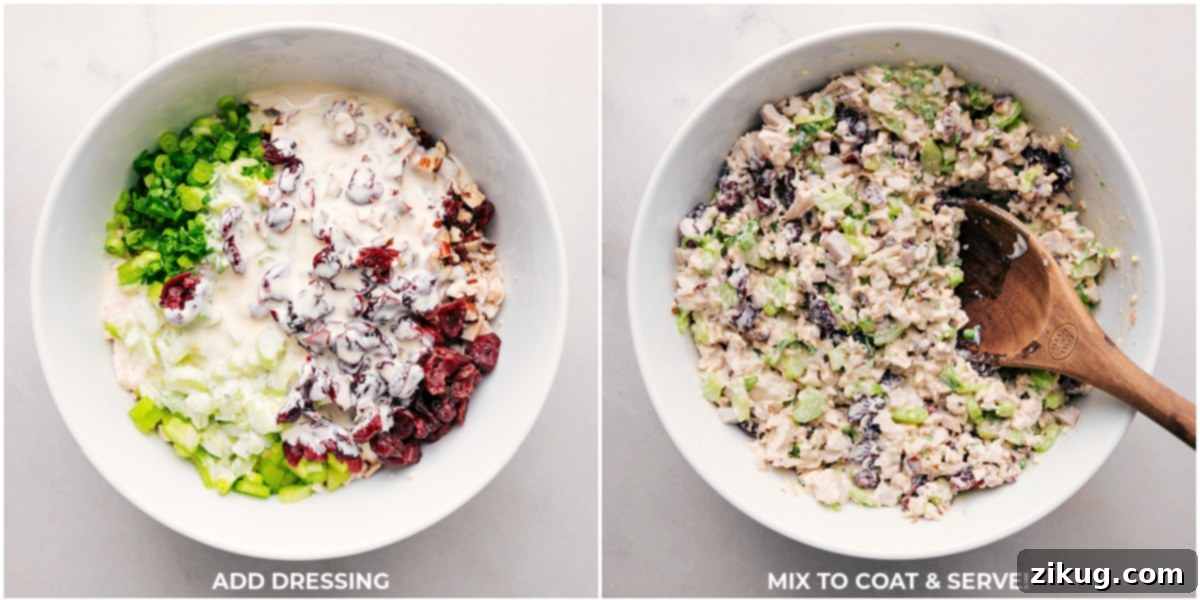Creamy dressing being stirred in, thoroughly coating the components of the salad.