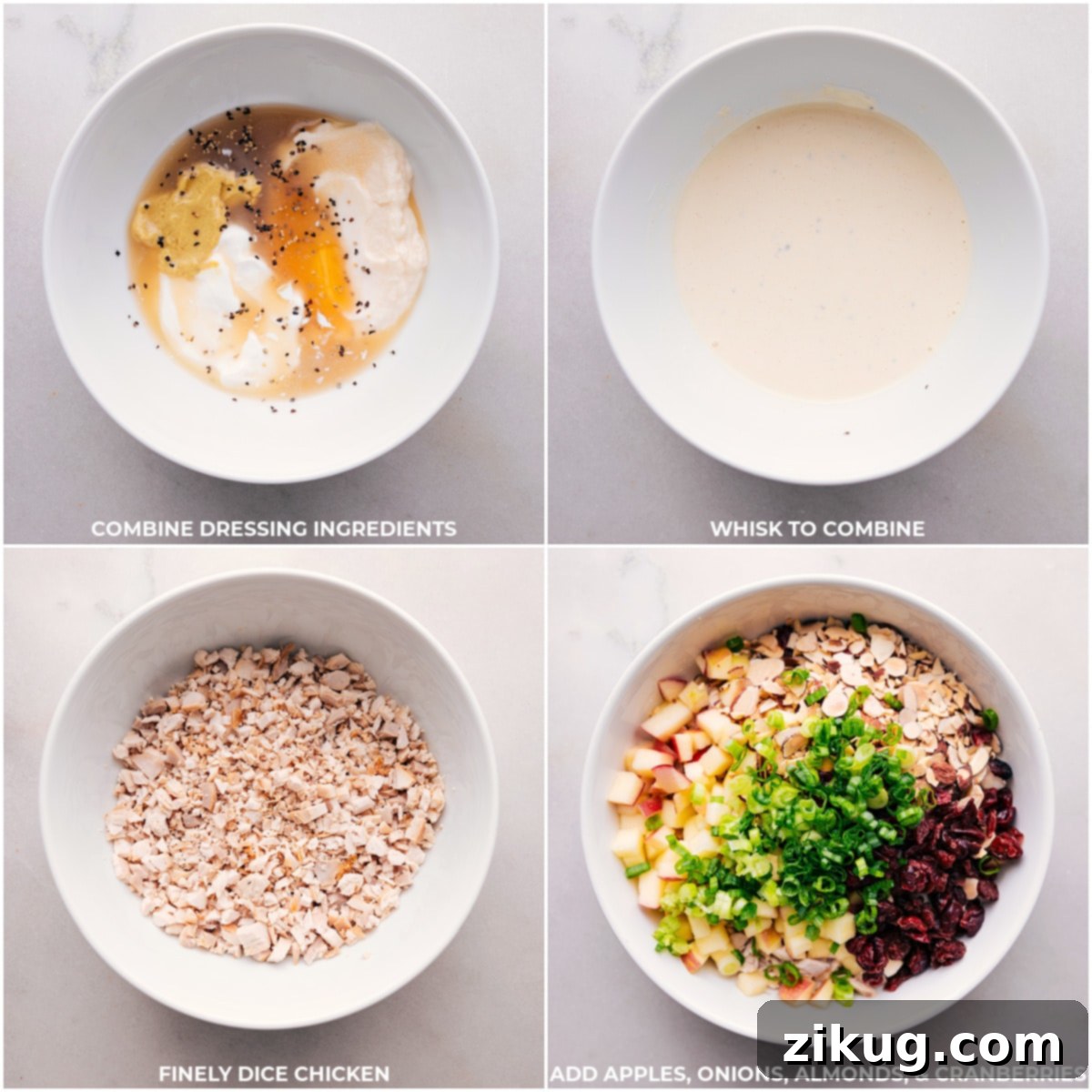 How To Make Chicken Salad With Apples Two mixing bowls, one with dressing ingredients being whisked together, and the other with diced chicken and apple ingredients being combined.