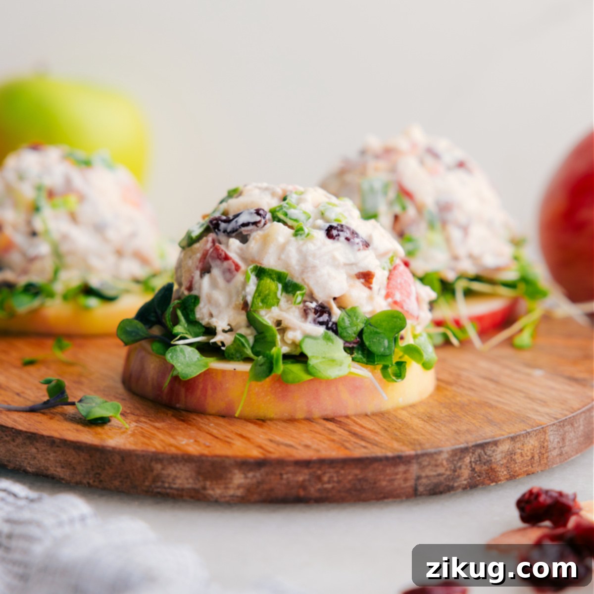 Fresh Chicken Salad with Apples Chicken salad served on an apple.