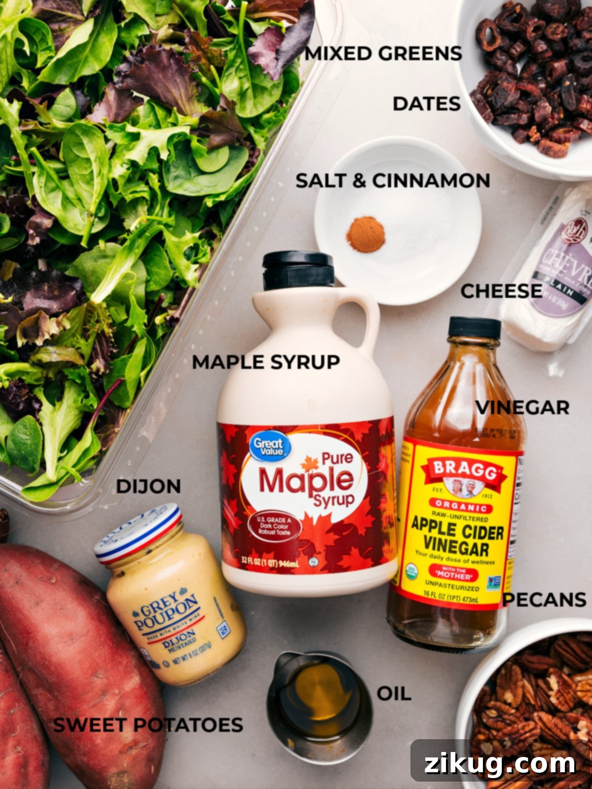 Sweet Potato Salad Ingredients: Fresh and Flavorful Selections A flat lay photograph showcasing the fresh, vibrant ingredients required for making the Sweet Potato Salad, including whole sweet potatoes, pecans, goat cheese, dates, and dressing components.