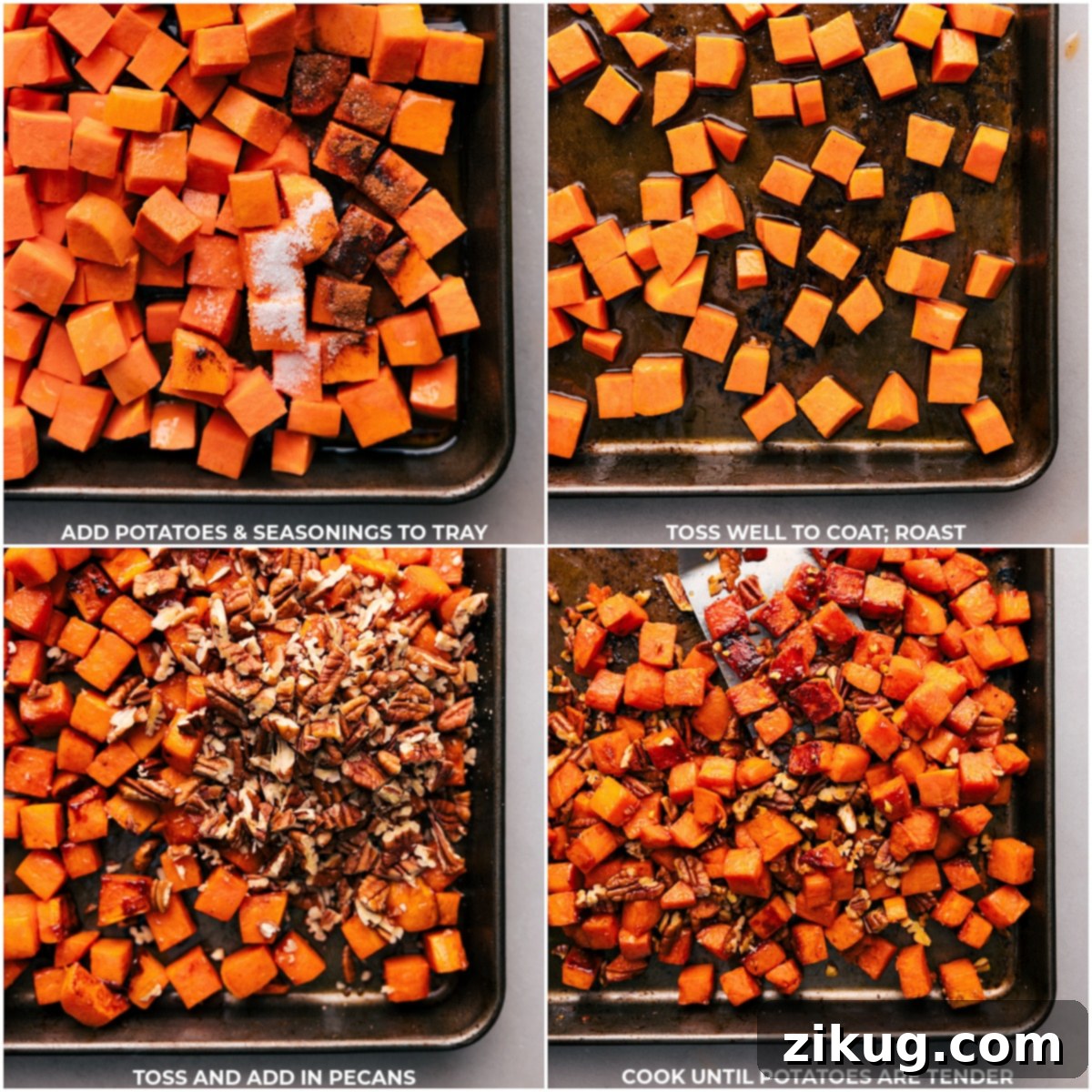 Mastering the Art of Roasting Sweet Potatoes for Your Salad A step-by-step visual guide to roasting sweet potatoes, from dicing raw potatoes to seasoning them on a baking sheet, and finally achieving perfectly golden-brown, tender roasted pieces.