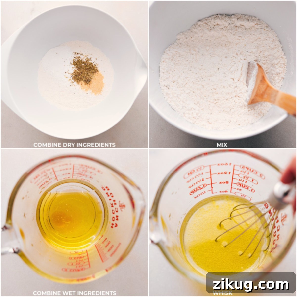 Step by Step: Separating dry and wet ingredients for the perfect dough mix Dry ingredients in one bowl and wet ingredients in another, being mixed separately, showcasing the initial steps of No-Yeast Pizza Dough preparation.