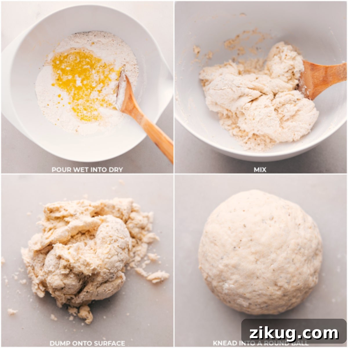 Crafting the base: Combining and shaping No-Yeast Pizza Dough for an easy bake Wet and dry ingredients combined and then rolled into a ball for No-Yeast Pizza Dough, demonstrating the transition from mixing to shaping.
