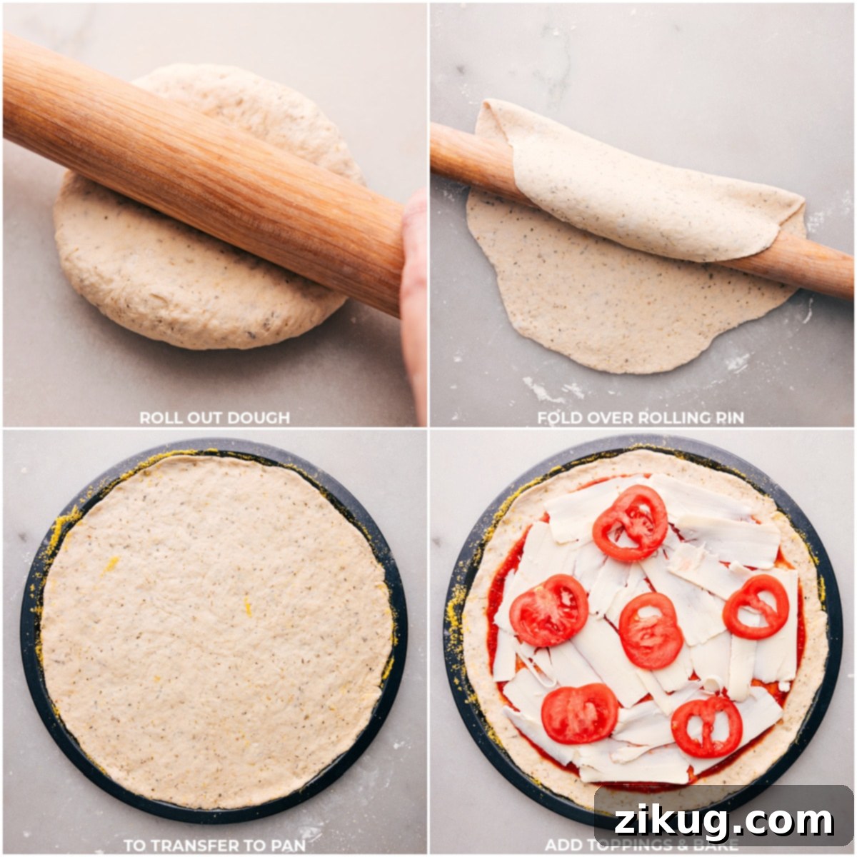 From dough to delight: Assembling the perfect No-Yeast Pizza with fresh toppings Dough being rolled out with pizza toppings being spread across its surface, including sauce, cheese, and tomatoes, ready for baking.