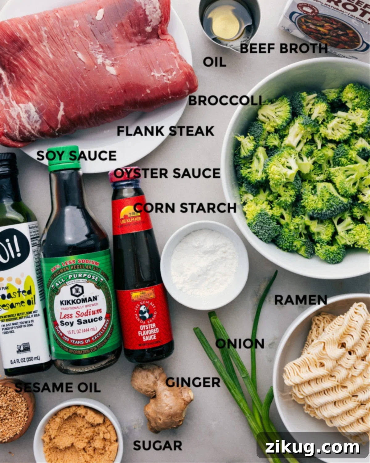 Ingredients In Beef And Broccoli Ramen Prepped Out All the ingredients for this recipe are prepped and ready for easy assembly, including the meat, broccoli, steak, cornstarch, sauces, and noodles.