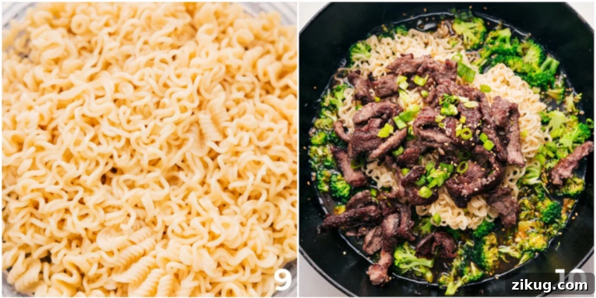 Combining Everything For This Beef And Broccoli Ramen Recipe The noodles being tossed in with the sauce, meat, and veggies.