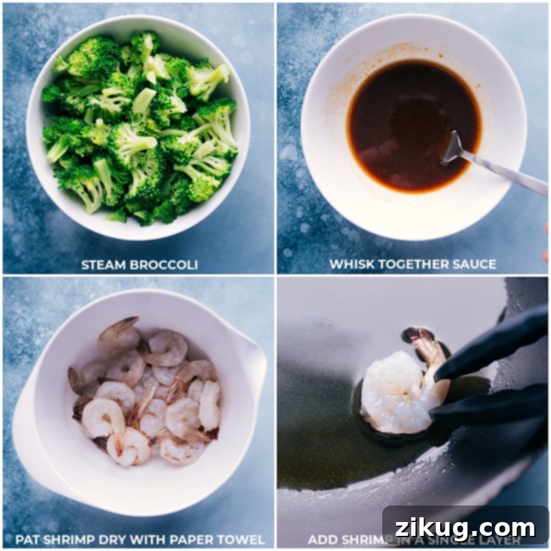 Our favorite Honey Garlic Shrimp with broccoli! Recipe via ChelseasMessyApron #dinner #quick #easy #simple #healthy #cleaneating #familyfriendly #kidfriendly #honey #garlic #shrimp Process shots showing ingredients for Honey Garlic Shrimp: broccoli being added to a bowl, sauce being whisked, and shrimp being prepped on a frying pan.