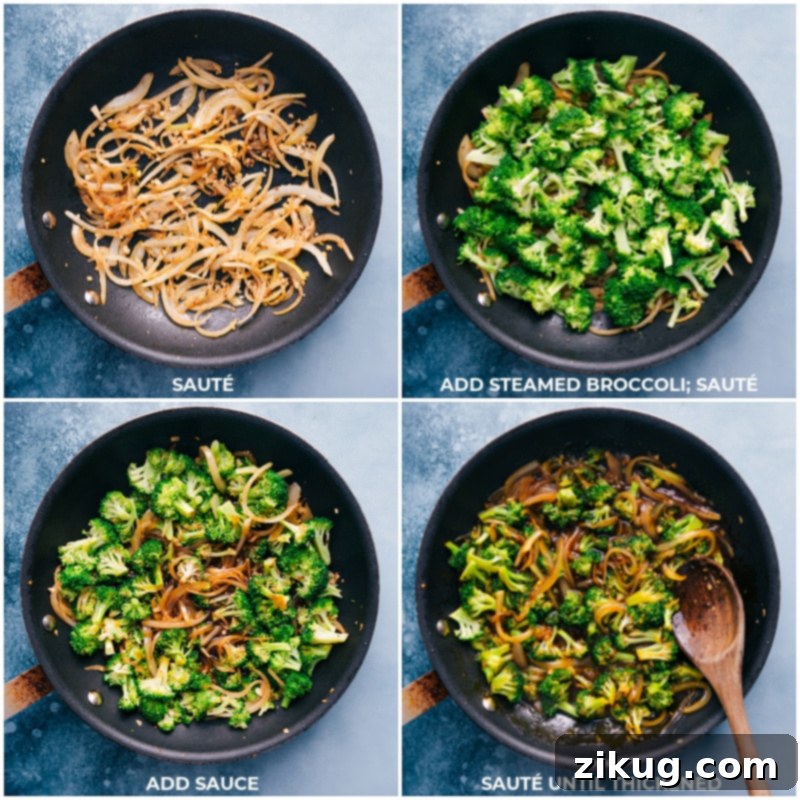 Our favorite Honey Garlic Shrimp with broccoli! Recipe via ChelseasMessyApron #dinner #quick #easy #simple #healthy #cleaneating #familyfriendly #kidfriendly #honey #garlic #shrimp Process shots of Honey Garlic Shrimp showing steamed broccoli and the prepared sauce being added to the pan with sautéed onions, then all stir-fried together.