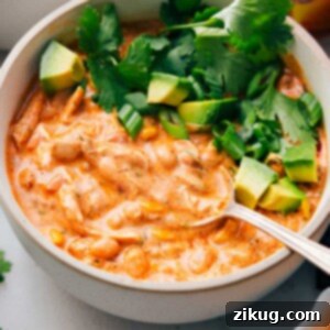 Game Day Buffalo Chicken Chili 3 A big bowl of Buffalo Chicken Chili with a spoon in it, garnished with fresh toppings.