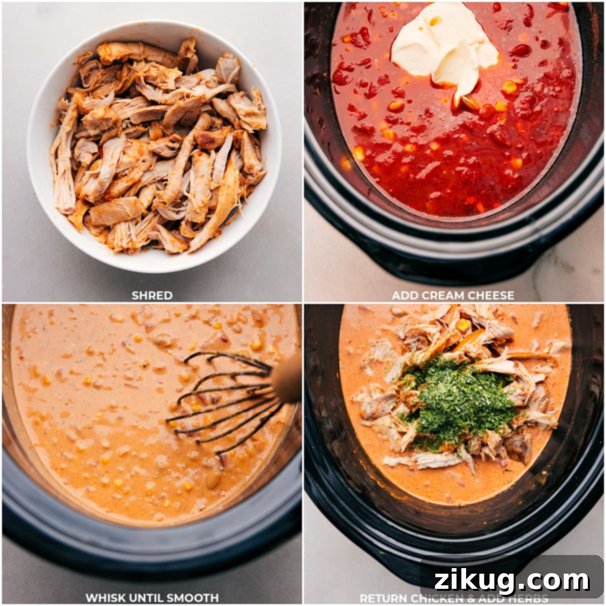 Buffalo Chicken Chili The Perfect Comfort Food Chicken being shredded, cream cheese being added, and all ingredients expertly mixed together to create the perfect Buffalo Chicken Chili.