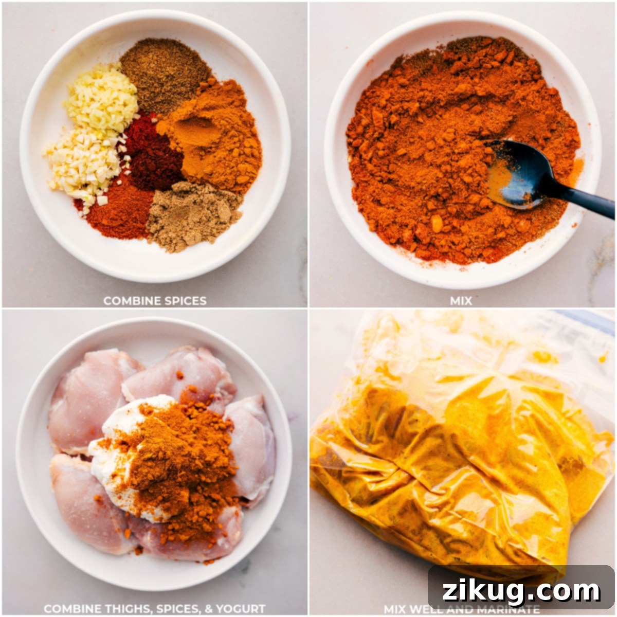 Preparing Chicken: Crafting the Perfect Spice Blend, Coating, and Marinating for Maximum Flavor Expert hands meticulously blending a vibrant array of aromatic spices, then generously coating succulent chicken pieces to ensure deep flavor penetration during the marinating process.