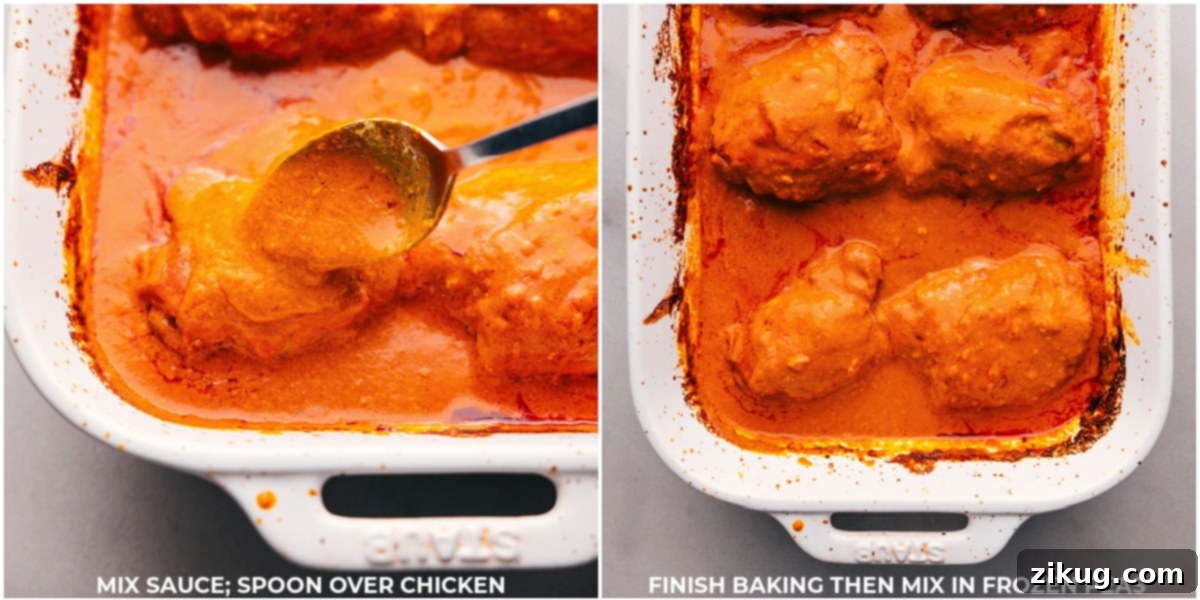 Recipe Stages: Baking, Sauce Integration, and Final Pea Addition for Tikka Masala Sequential steps of the recipe: removing the pan from the oven, thoroughly mixing the rich sauce, returning the pan to the oven for further simmering, and finally, adding fresh green peas for a vibrant finish.