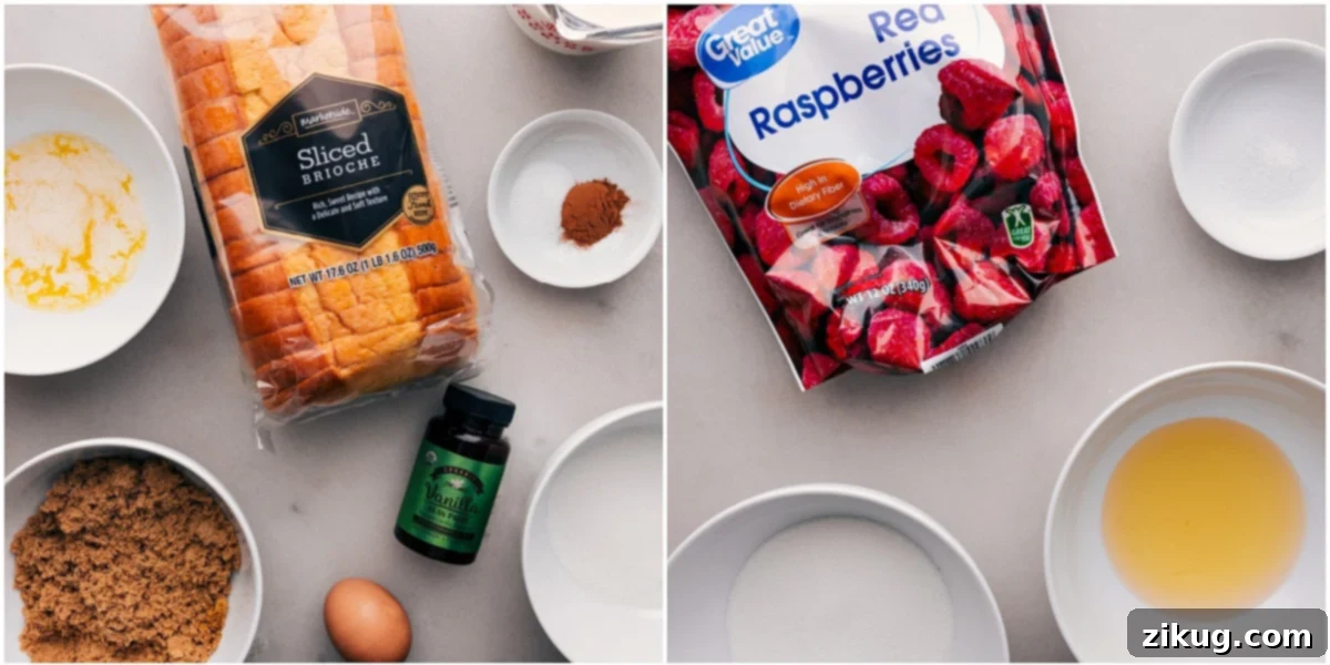 An inviting arrangement of fresh ingredients, meticulously laid out on a kitchen counter, ready to transform into a delicious Raspberry Bread Pudding.