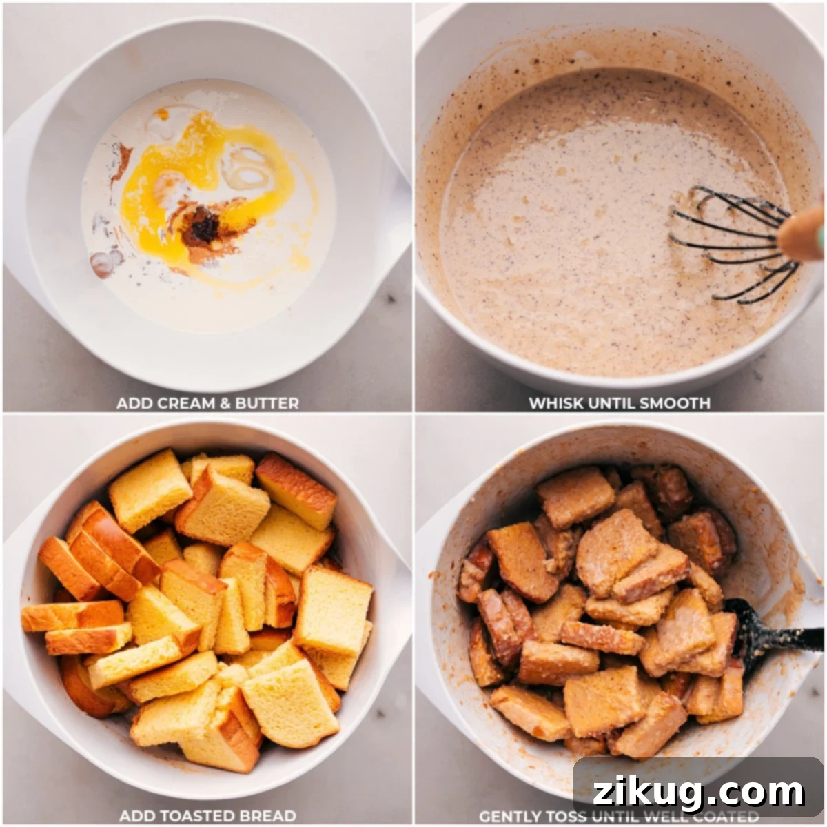 The process of preparing the rich custard for the bread pudding, with heavy cream and melted butter being added, and then poured generously over the soft brioche slices in a baking dish.
