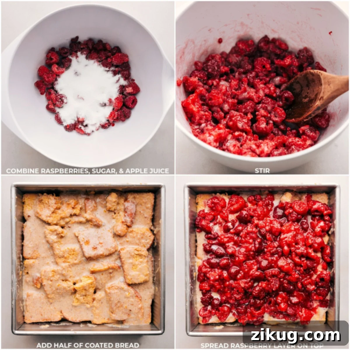 A vibrant layer of sweet-tart raspberries being carefully spread over the first layer of bread pudding, creating a delicious and colorful filling before adding the top bread layer.