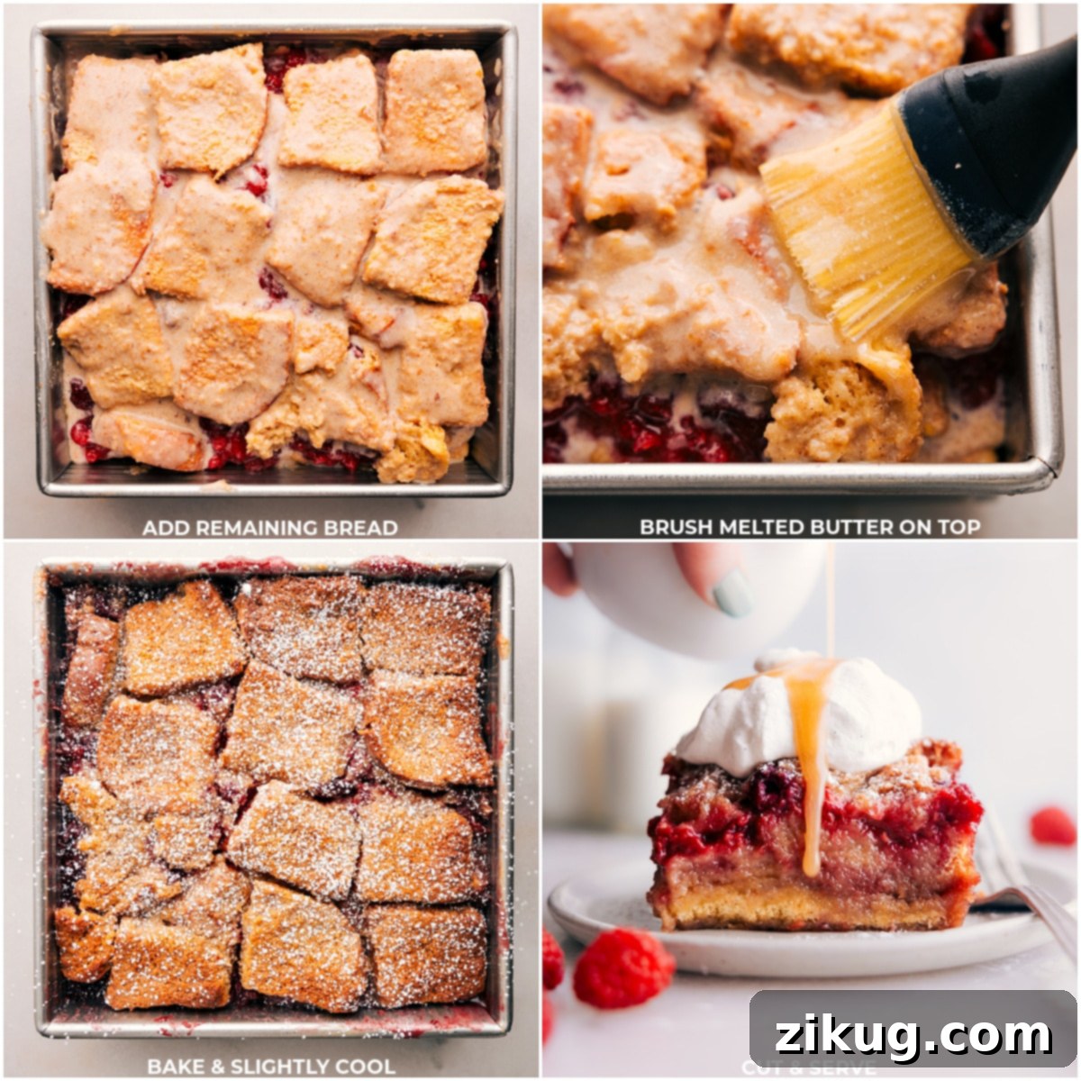 The delicious Raspberry Bread Pudding baking in a square dish inside a warm oven, transforming into a golden-brown, bubbly dessert, ready to be enjoyed.