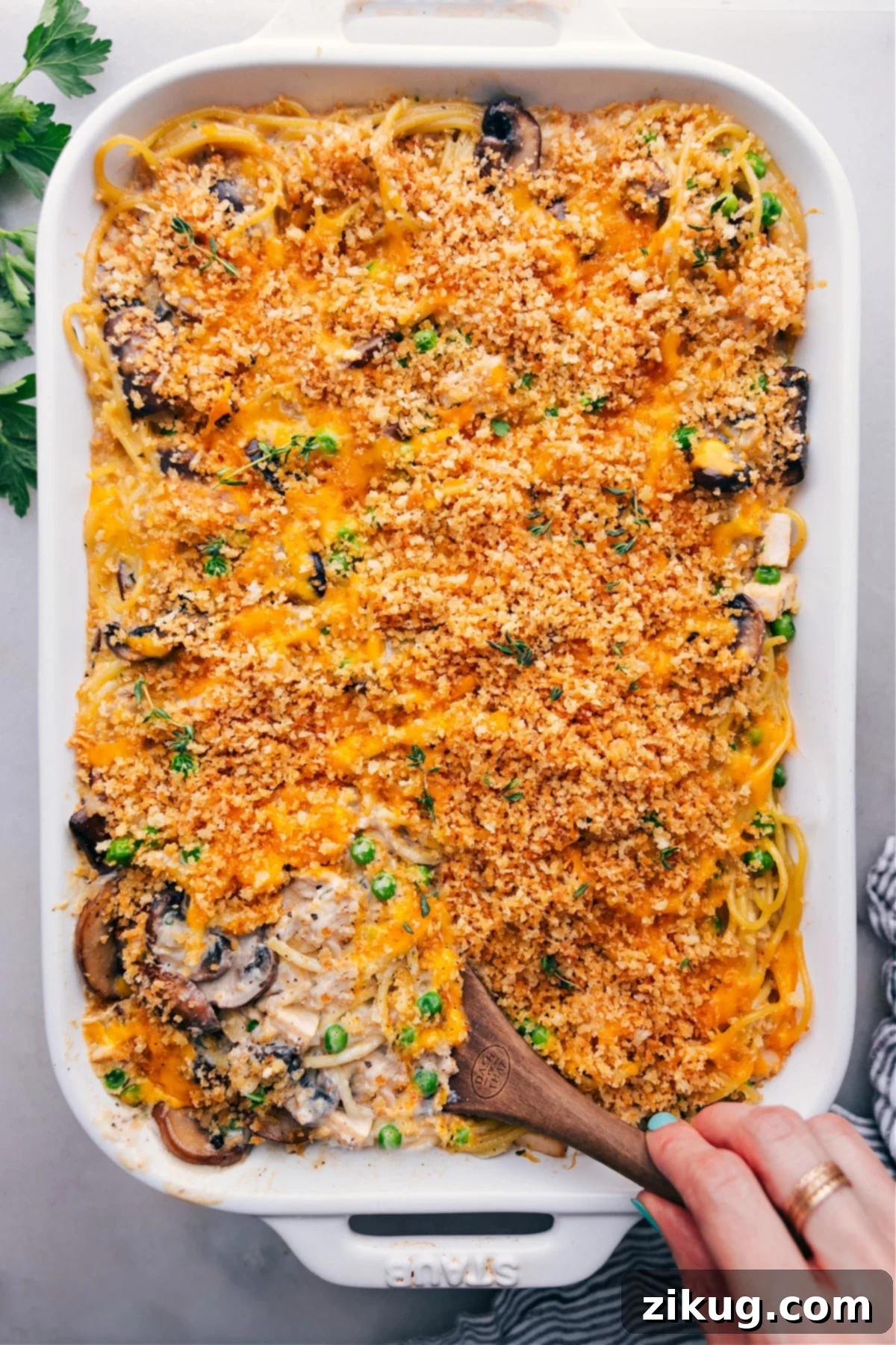 Delicious Turkey Tetrazzini with Crisp Top and Mouthwatering Interior A finished dish of delicious Turkey Tetrazzini, showcasing the crisp top and the mouthwatering interior.