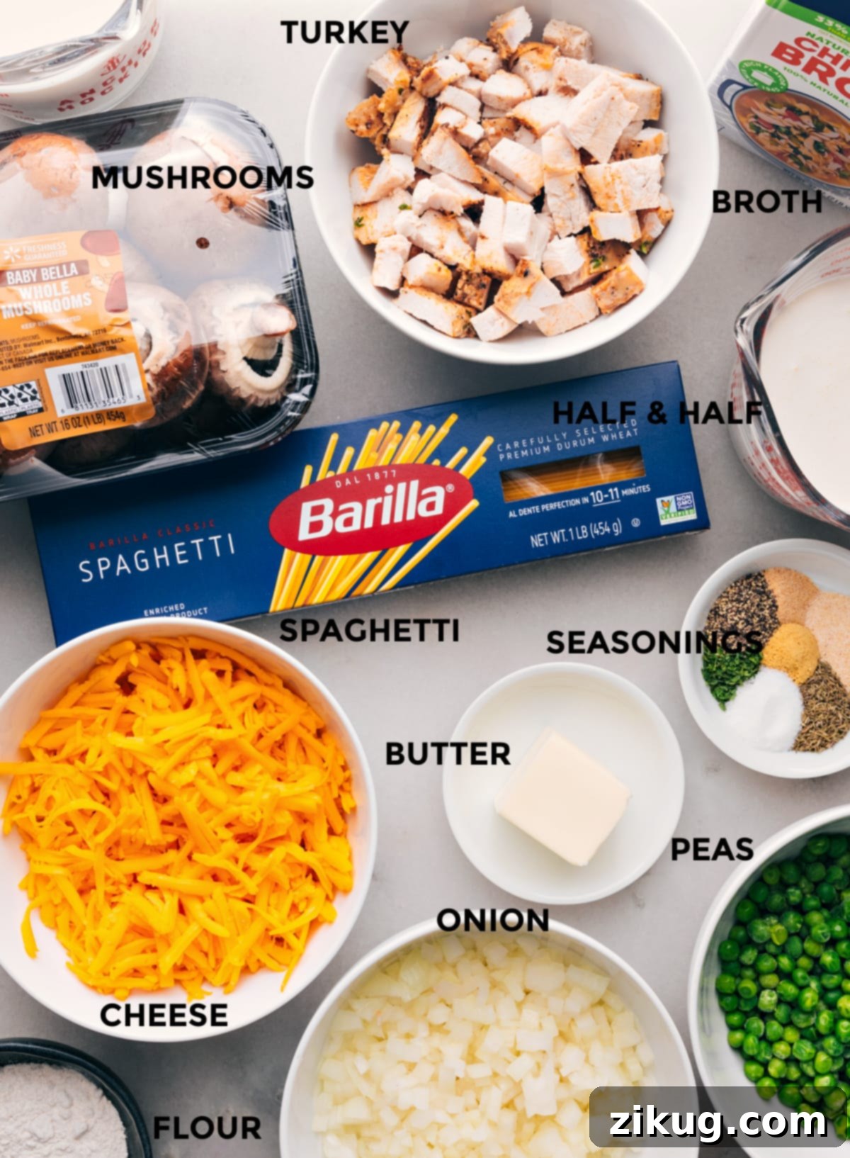 Ingredients for Turkey Tetrazzini Recipe - Including Cheese, Onion, Peas, Butter, and Noodles A collection of all the ingredients used in the recipe, including cheese, onion, peas, butter, noodles, and more.