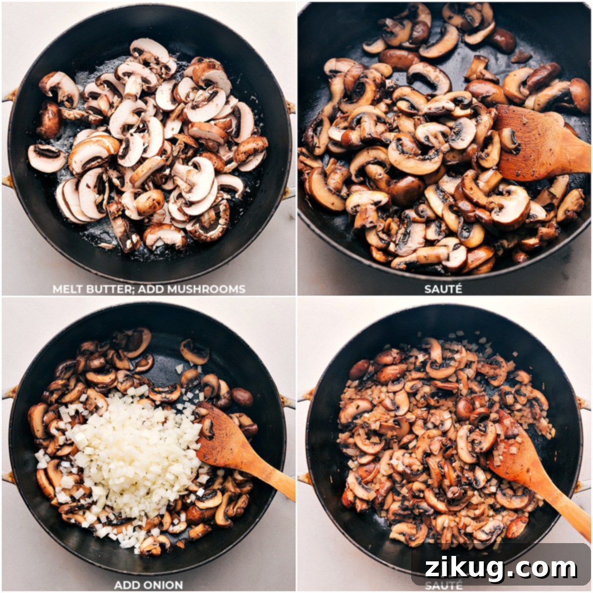 Sautéing Mushrooms and Onions Until Tender in a Pan Sautéing mushrooms and onions in a pan until they become tender.