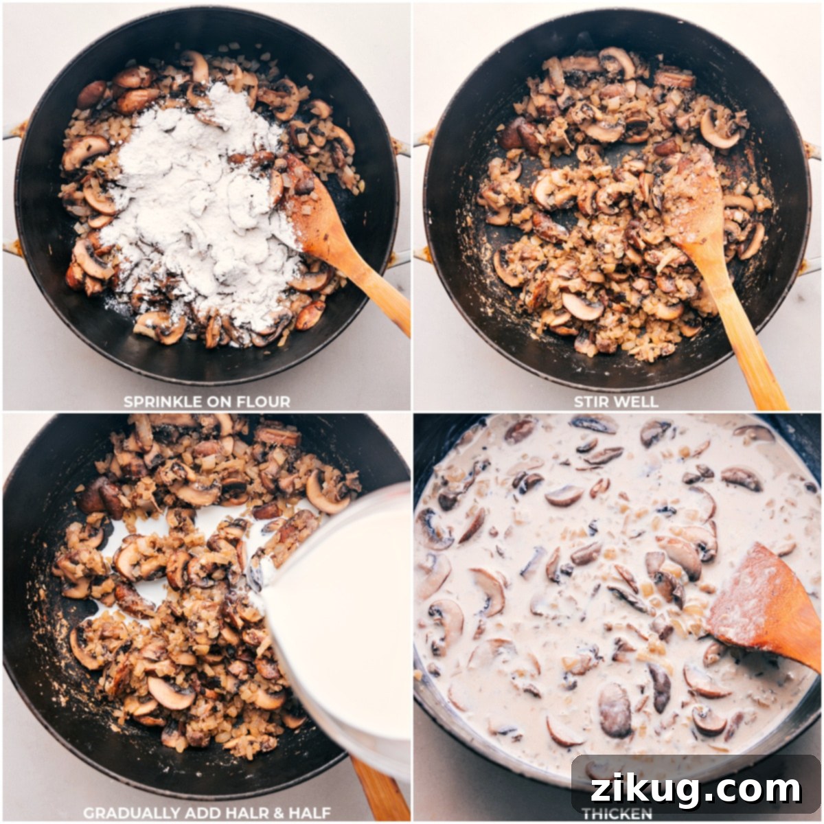 Adding Flour to Mushrooms and Half and Half - Stirring Until Thick Adding flour to the mushrooms and half and half, stirring until the mixture thickens.