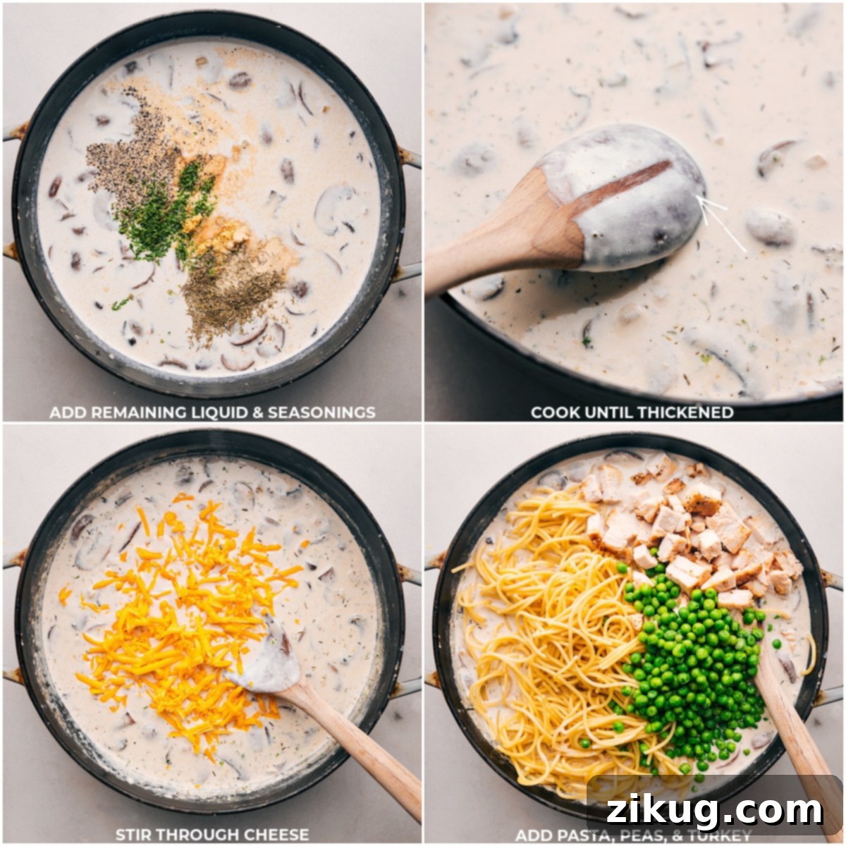 Mixing Remaining Seasonings and Ingredients into Turkey Tetrazzini Incorporating the remaining seasonings and other ingredients into the Turkey Tetrazzini until well mixed.