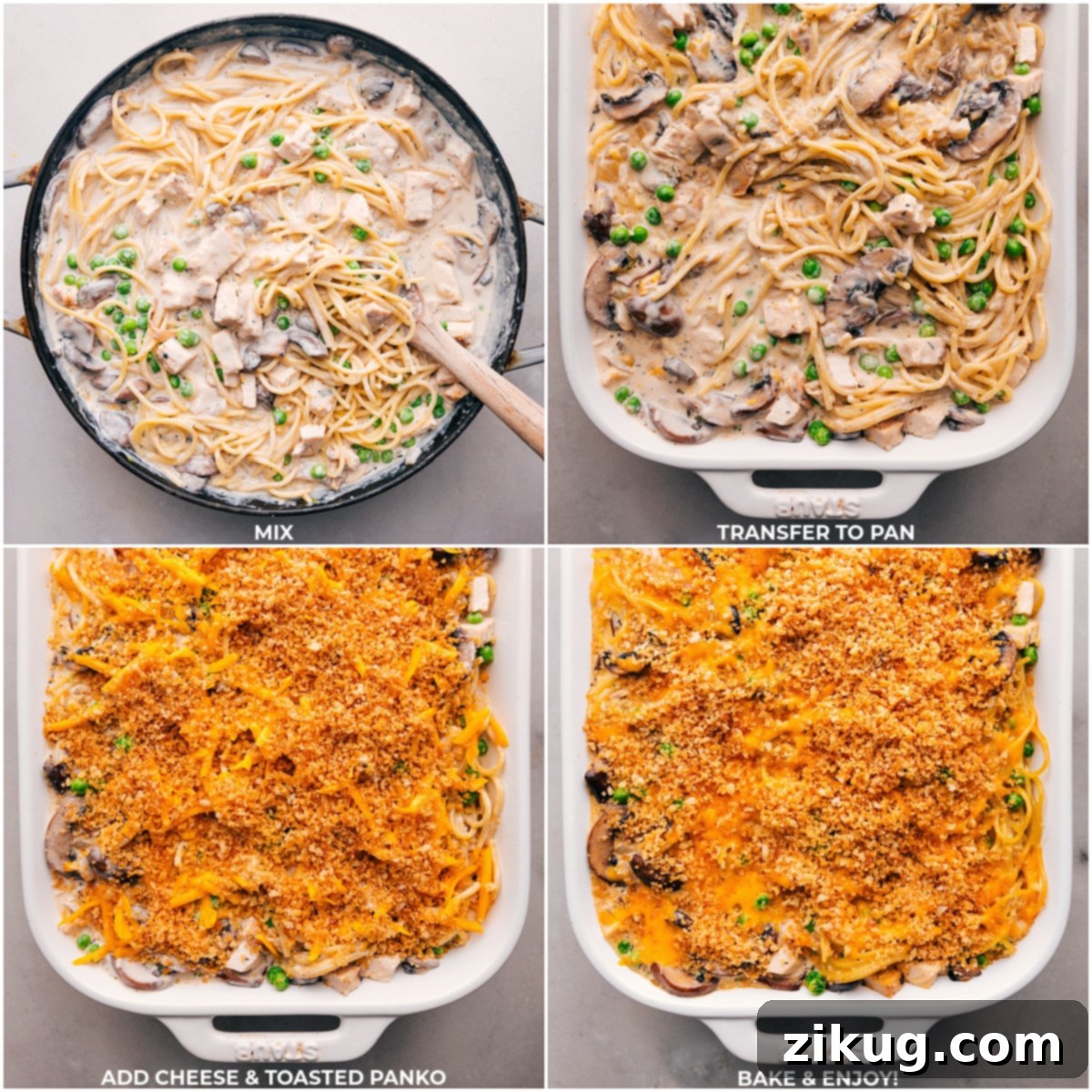 Preparing Turkey Tetrazzini: Ingredients in Pan with Cheese and Toasted Panko on Top, Ready to Bake Transferring the fully mixed ingredients to a pan and adding cheese and toasted panko on top before baking.