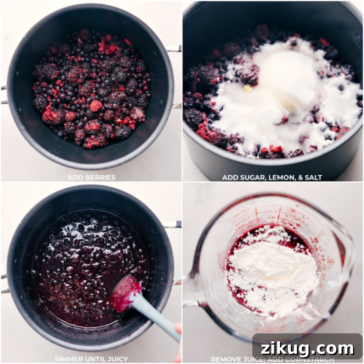 Cooking Berry Pie Mixed berries, sugar, lemon juice, salt, and cornstarch being combined in a pot to simmer into a juicy berry filling.