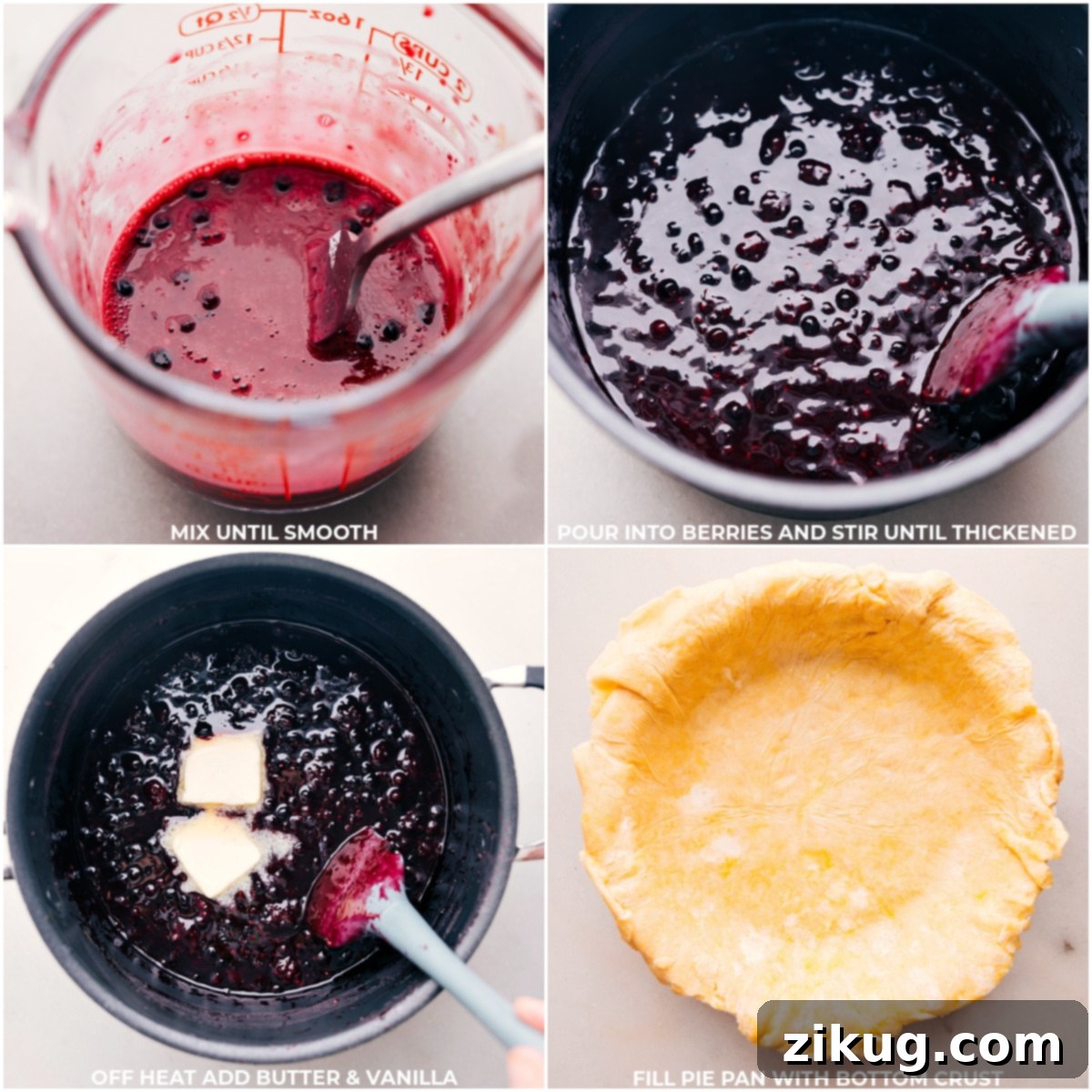 Preparing The Delicious Berry Pie Butter and vanilla extract being stirred into the berry filling, and a pie crust being prepared for baking.
