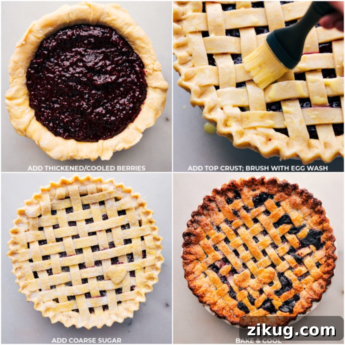 BAKING BERRY PIE A collage showing the process of filling the pie with cooled berries, adding a lattice crust, brushing with egg wash, and finally baking the Berry Pie to golden perfection.