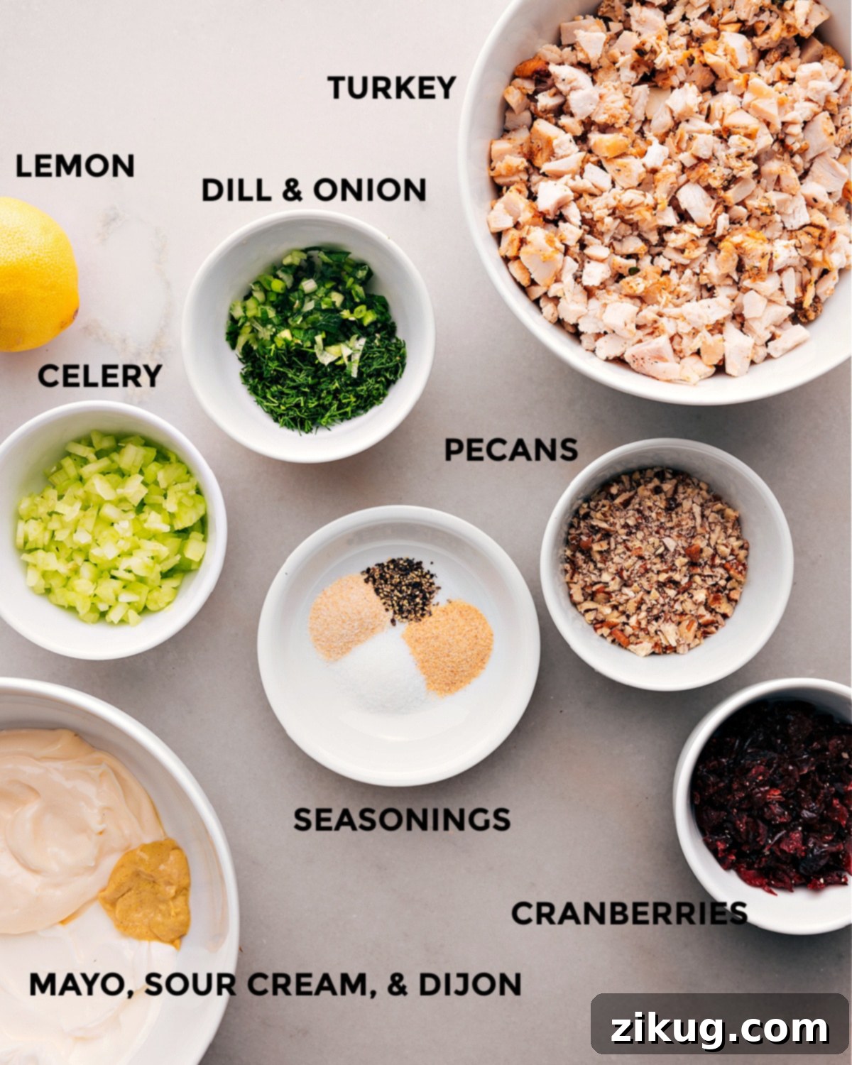 Savory Turkey Medley 2 A vibrant collection of fresh ingredients laid out, including crunchy pecans, crisp celery, aromatic herbs, and various seasonings, ready to be transformed into a delicious Turkey Salad.