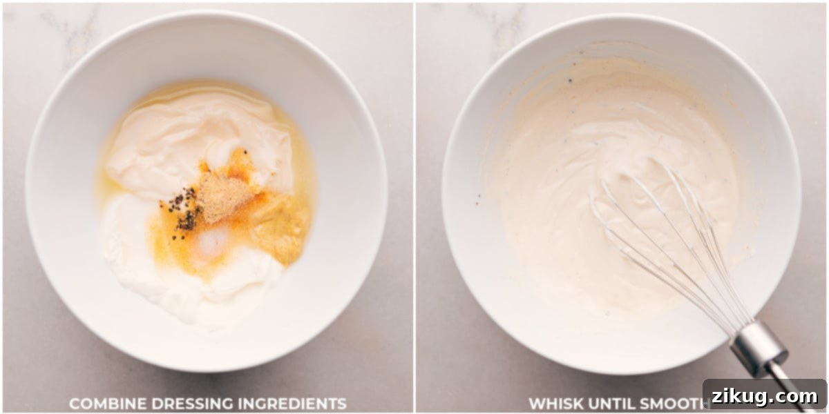 Whisking Dressing Ingredients to Achieve a Creamy and Smooth Texture A chef's hands are expertly whisking a creamy mixture of dressing ingredients in a glass bowl, creating a smooth and perfectly blended consistency.