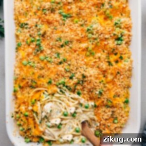 Ultimate Chicken Tetrazzini 5 Delicious casserole of chicken tetrazzini with a crispy, flavorful top ready to be enjoyed.
