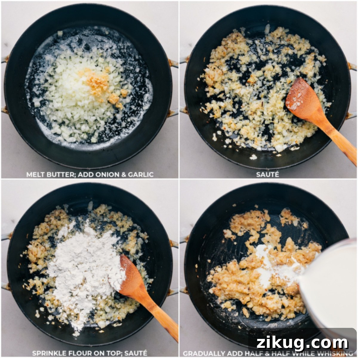 Cooking Process: Sautéing Onion and Garlic, Adding Flour and Half-and-Half Melting butter and sautéing onion and garlic, then adding flour and half-and-half and whisking together.
