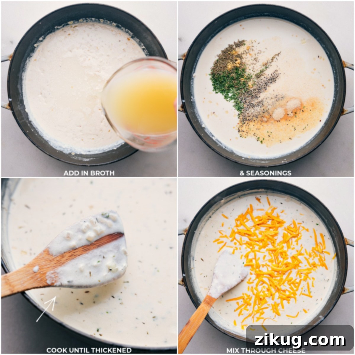 Ultimate Chicken Tetrazzini 3 Adding broth and seasonings to a pot, cooking until thickened, and mixing in cheese to melt.