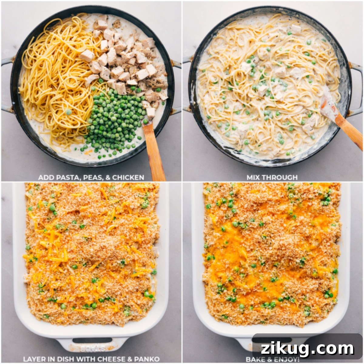 Ultimate Chicken Tetrazzini 4 Adding pasta, peas, and chicken to a casserole dish, topped with cheese and panko to complete the chicken tetrazzini recipe.