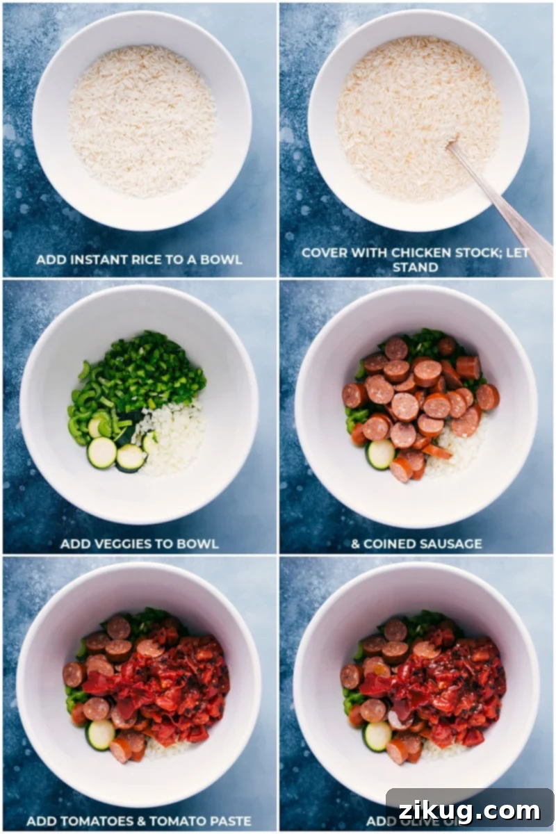Preparing Tin Foil Jambalaya: A comprehensive visual guide to mixing all the delicious, vibrant ingredients – from the soaking rice to the seasoned sausage and vegetables – before carefully sealing them in foil for easy, flavorful cooking. Step-by-step preparation of Tin Foil Jambalaya: showing instant rice soaking in chicken stock, fresh aromatics like celery, onion, and bell pepper being meticulously prepped, and perfectly sliced Andouille sausage combined with diced tomatoes, rich tomato paste, and olive oil in a spacious mixing bowl, ready for assembly.