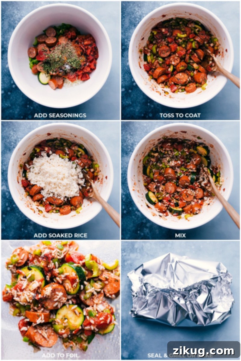Assembling Tin Foil Jambalaya packets: A clear visual of the delicious mix of sausage, veggies, instant rice, and spices being carefully sealed in foil, highlighting the ease of preparation for a delicious, no-fuss meal perfect for any cooking environment. Process shots demonstrating the final steps of preparing Tin Foil Jambalaya: all the perfectly seasoned ingredients are thoroughly combined in a large mixing bowl, then carefully divided and securely sealed into individual heavy-duty aluminum foil packets, poised and ready for various cooking methods.