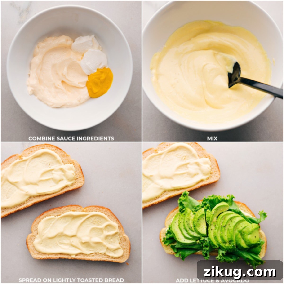 Mixing all sauce ingredients in a bowl, then spreading them onto a bread slice and adding lettuce and avocado.