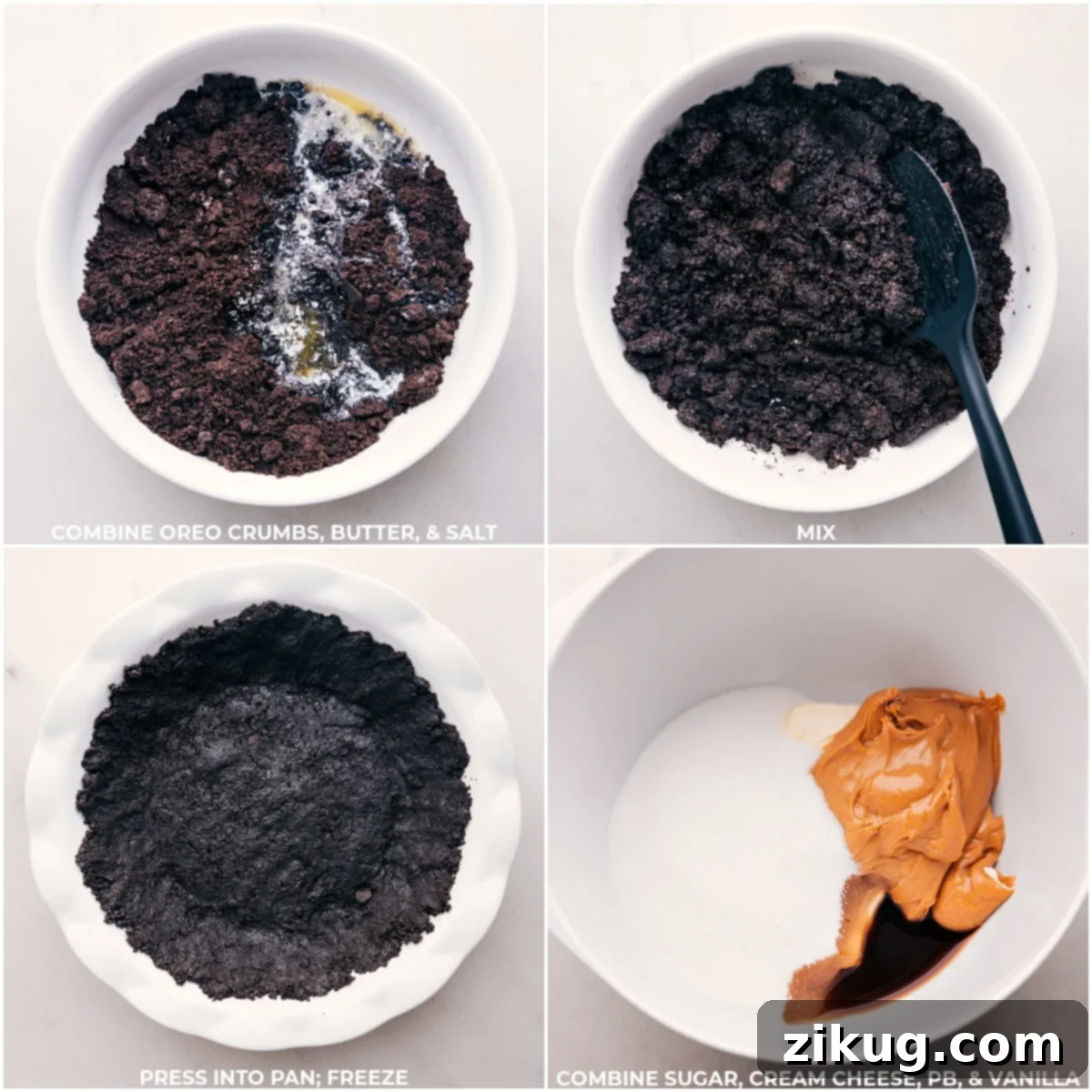 The process of preparing the peanut butter pie, showing the Oreo crust being pressed into a pie pan and then the creamy filling being mixed in a bowl.