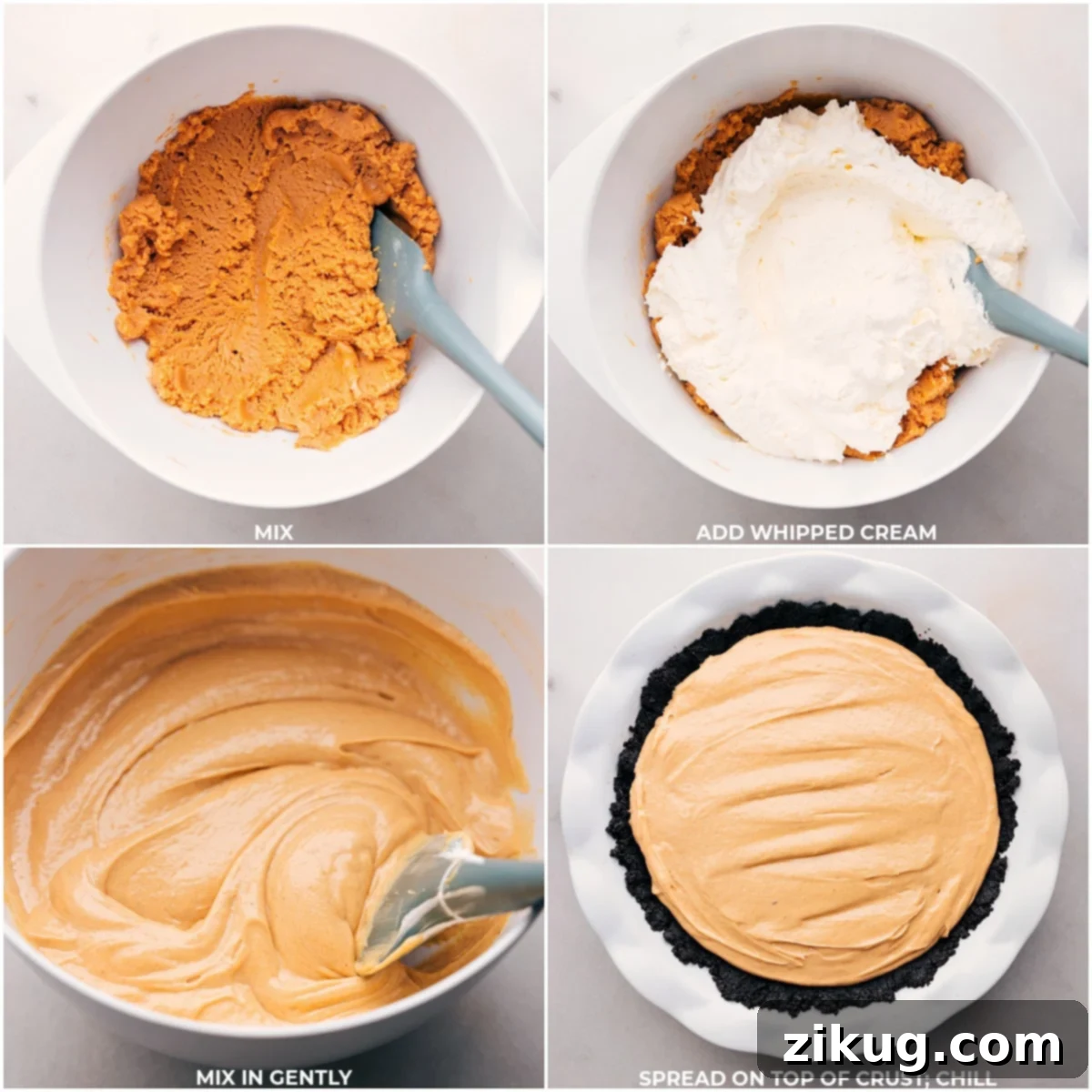 The creamy peanut butter pie filling expertly mixed and spread into the chocolate Oreo crust, ready for chilling and setting as a delicious dessert.