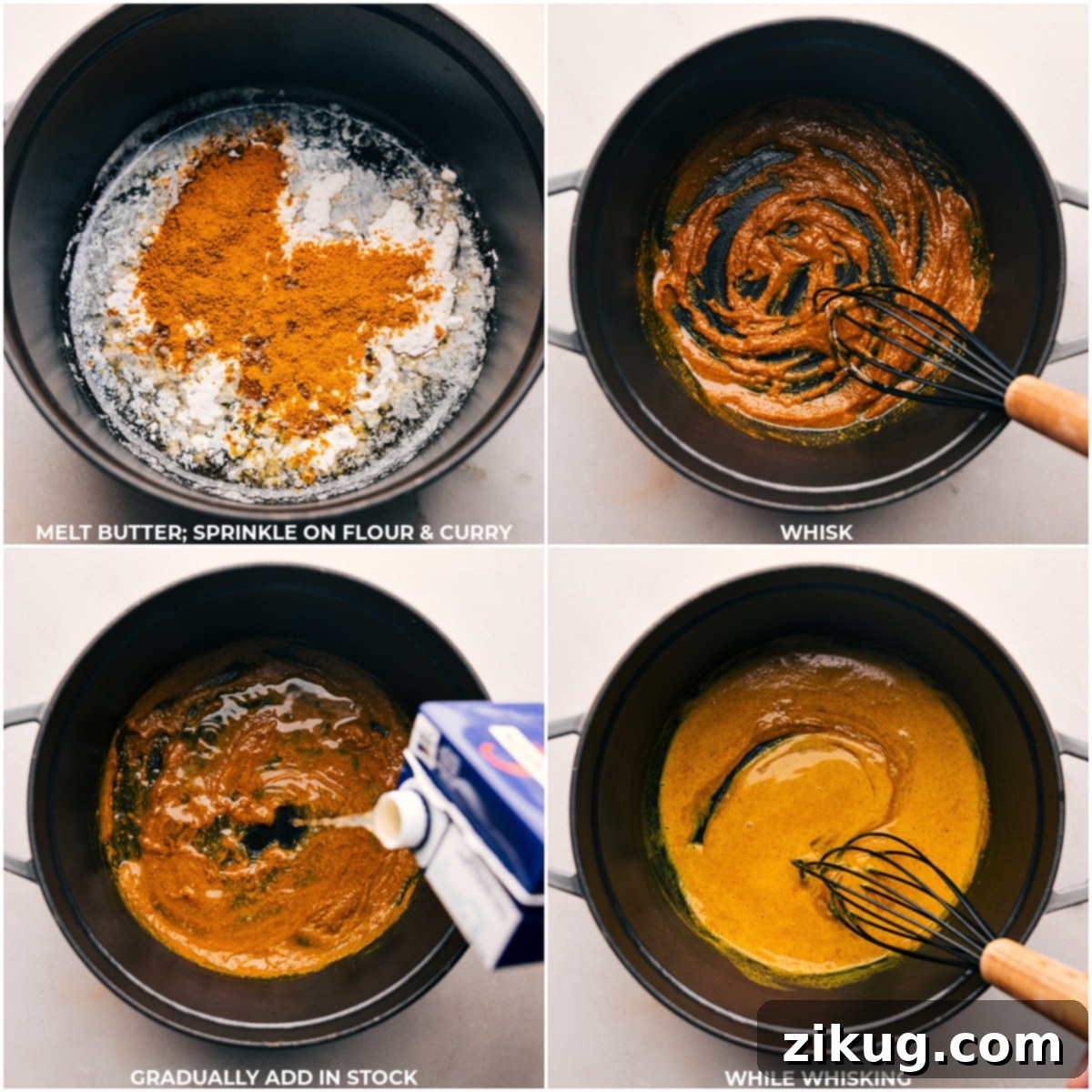 A chef whisking together melted butter, flour, and yellow curry powder in a large pot, beginning the roux for the Pumpkin Curry Soup.